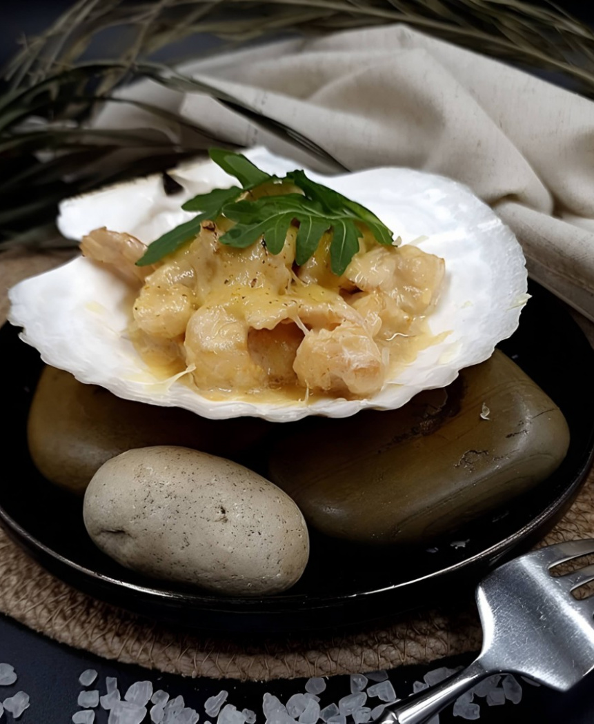 Кокиль из креветок под сыром пармезан